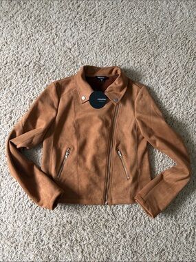 mittoshop Cognac Brown Faux Suede Moto Jacket small